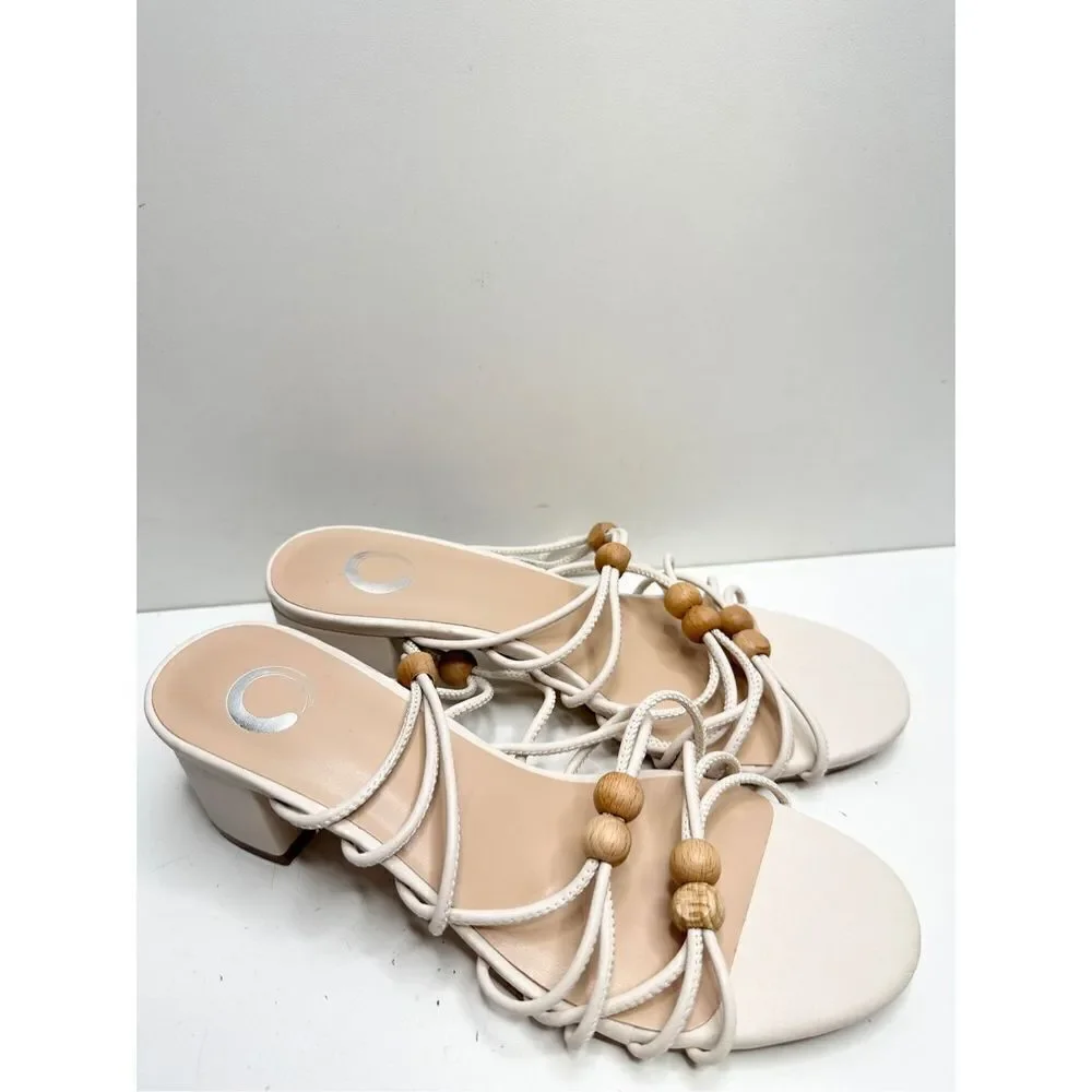 Journee Collection Sandals‎ Size 6.5 Ivory Slip On Block Heel Open Toe Strappy